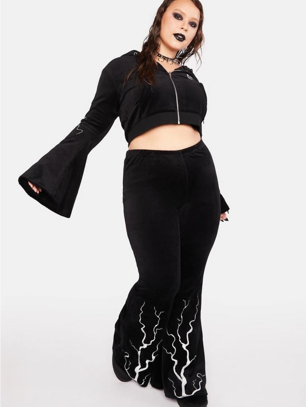 Dolls Kill Black Velvet Flame-Trim Flare Pants
